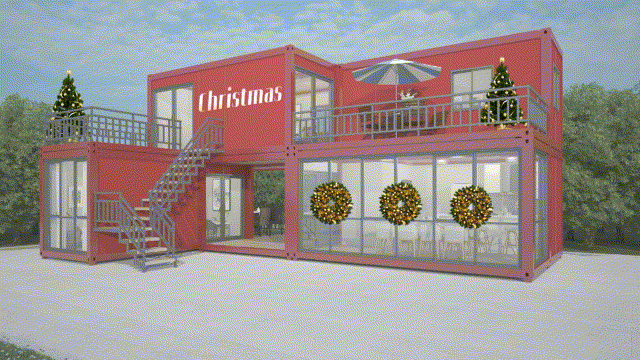 Container house with Christmas decoration